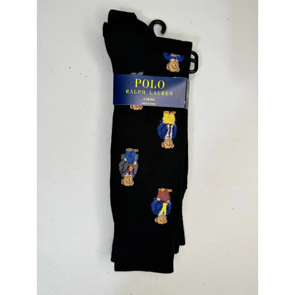 VTG Polo Ralph Lauren 2-Pack Black Cotton Blend Dress Socks RL Bear Logo 10-13